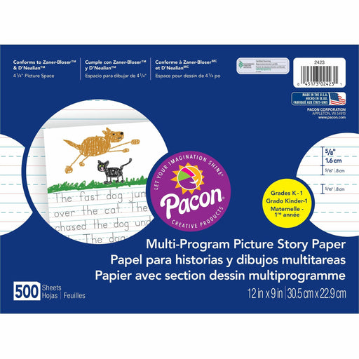 Pacon Multi-program Ruled Picture Story Paper - 500 Sheets - 0.63" Ruled - 4.25" Picture Story Space - 16 lb Basis Weight - 12" x 9" Sheet Size - White Paper - 1 Ream