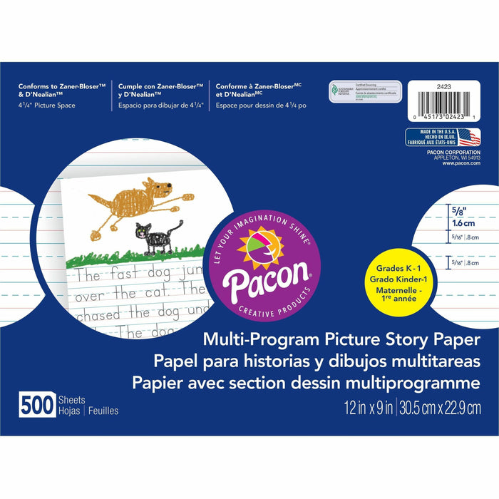 Pacon Multi-program Ruled Picture Story Paper - 500 Sheets - 0.63" Ruled - 4.25" Picture Story Space - 16 lb Basis Weight - 12" x 9" Sheet Size - White Paper - 1 Ream