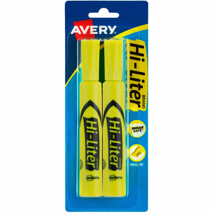 Avery® Hi-Liter Desk-Style Highlighters, SmearSafe, Yellow, 2 Pack - Yellow Ink - Water Based - Document, Classroom - 2 / Pack