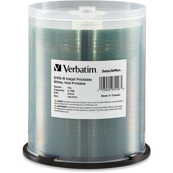 Verbatim 97016 DVD Recordable Media - DVD-R - 16x - 4.70 GB - 100 / Pack - White - Inkjet Print Technology