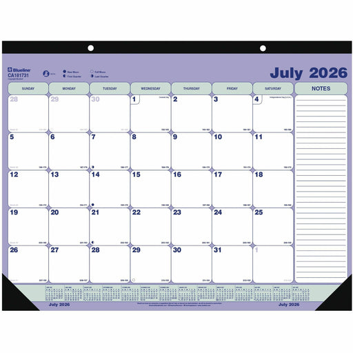 Blueline 2026-2027 13-Month Monthly Academic Desk Pad/Calendar - Academic - Monthly - 13 Month - July 2026 to July 2027 - 1 Month Single Page Layout - 21 1/4" x 16" Sheet Size - 2 x Holes - Desk Pad - Chipboard - 1 Each