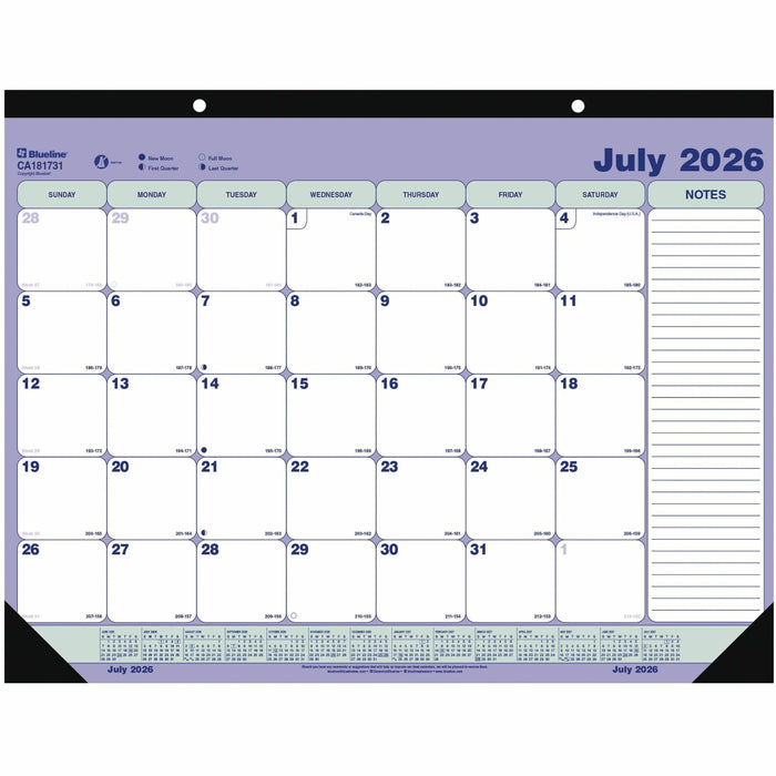 Blueline 2026-2027 13-Month Monthly Academic Desk Pad/Calendar - Academic - Monthly - 13 Month - July 2026 to July 2027 - 1 Month Single Page Layout - 21 1/4" x 16" Sheet Size - 2 x Holes - Desk Pad - Chipboard - 1 Each