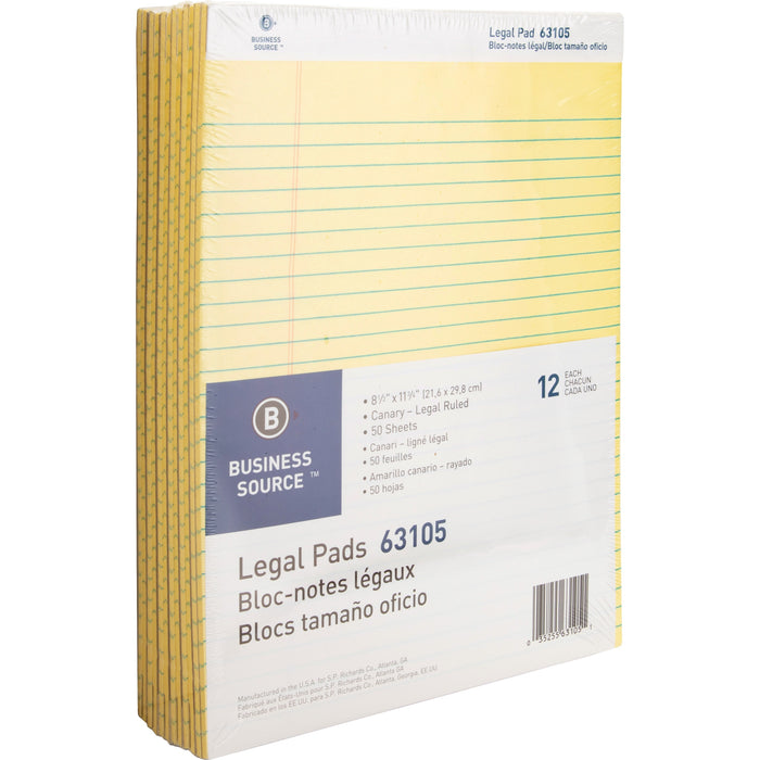 Business Source Micro-Perforated Legal Ruled Pads - 50 Sheets - 0.34" Ruled - 16 lb Basis Weight - 8 1/2" x 11 3/4" Sheet Size - Canary Paper - Micro Perforated, Easy Tear, Sturdy Back - 12 / Dozen
