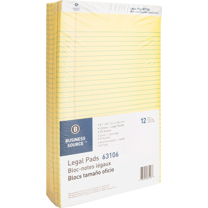 Business Source Legal Pads - 50 Sheets - 0.34" Ruled - 16 lb Basis Weight - Legal - 8 1/2" x 14" Sheet Size - Canary Paper - Micro Perforated, Easy Tear, Sturdy Back - 12 / Dozen
