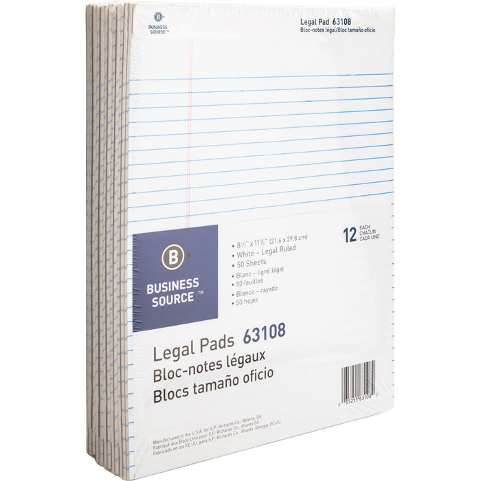 Business Source Micro-Perforated Legal Ruled Pads - 50 Sheets - 0.34" Ruled - 16 lb Basis Weight - 8 1/2" x 11 3/4" Sheet Size - White Paper - Micro Perforated, Easy Tear, Sturdy Back - 12 / Dozen