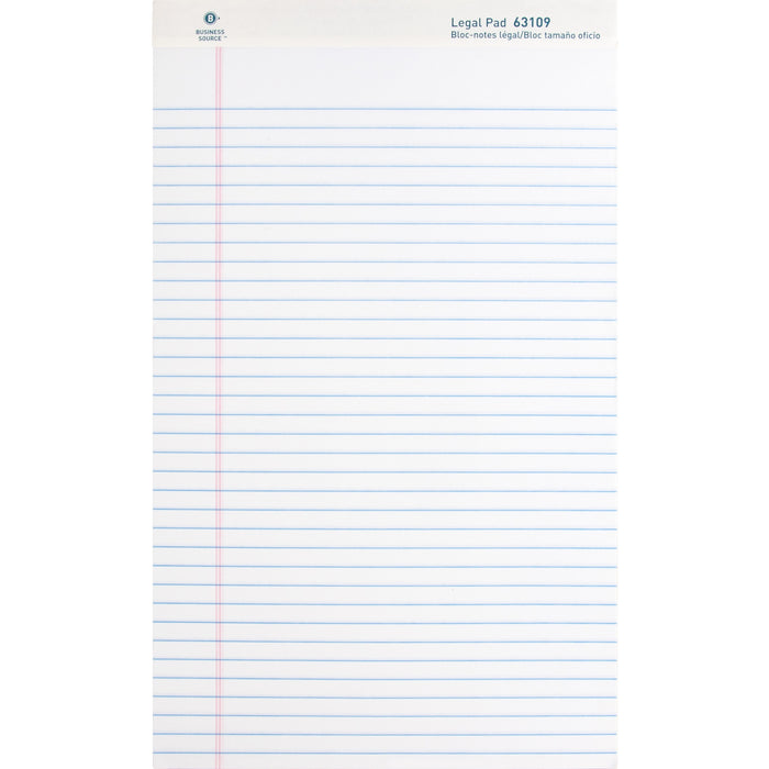 Business Source Writing Pads - 50 Sheets - 0.34" Ruled - 16 lb Basis Weight - Legal - 8 1/2" x 14" Sheet Size - White Paper - Micro Perforated, Easy Tear, Sturdy Back - 12 / Dozen