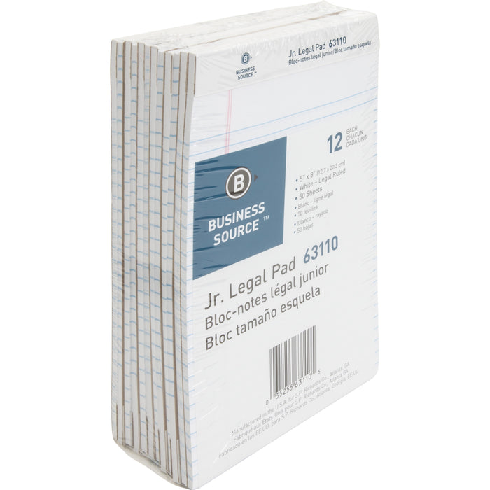 Business Source Writing Pads - 50 Sheets - 0.28" Ruled - 16 lb Basis Weight - Jr.Legal - 8" x 5" Sheet Size - White Paper - Micro Perforated, Easy Tear, Sturdy Back - 12 / Dozen