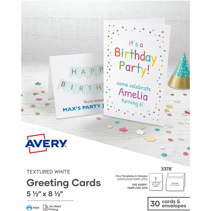 Avery® Half-Fold Greeting Cards, Textured, Uncoated, 5-1/2" x 8-1/2" , 30 Cards (3378) - 5 1/2" x 8 1/2" - Textured - Uncoated, Heavyweight - White - 30/Pack - 6 / Carton