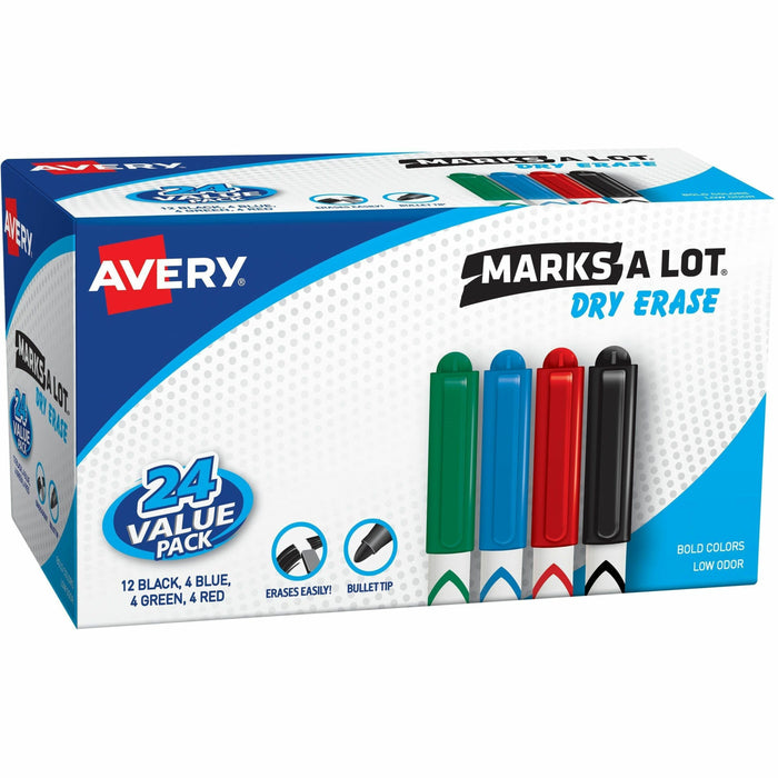 Avery® Marks A Lot Marks A Lot Dry Erase Markers, Pen-Style, 24 Assorted Markers - Fine Bullet Marker Point - Erasable - Black, Red, Blue, Green Ink - Planner, Calendar, Home, School - 24 / Box