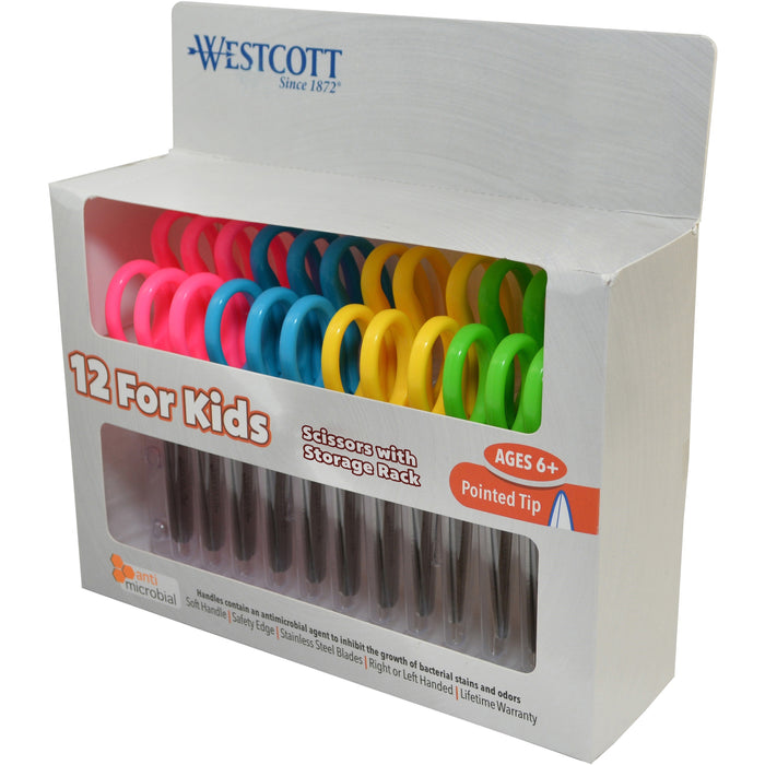 Westcott 5" Antimicrobial Kids Pointed Scissors - 5" Overall Length - Straight-left/right - Stainless Steel - Pointed Tip - Assorted - 12 / Pack