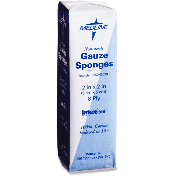 Medline Nonsterile Woven Gauze Sponges - 8 Ply - 2" Width x 2" Length - White - 200 / Box