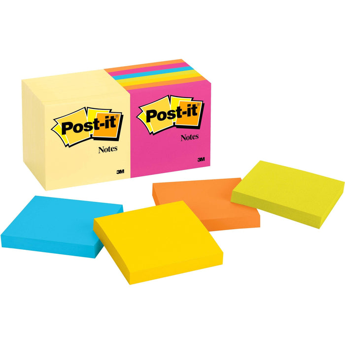 Post-it® Notes Original Notepads - Canary Yellow and Poptimistic Color Collection - 1400 - 3" Flag/Note Width x 3" Flag/Note Length - Square - 100 Sheets per Pad - Unruled - Poppy, Neon Orange, Aqua Wave Blue, Yellow - Paper - Repositionable, Self-adhesiv
