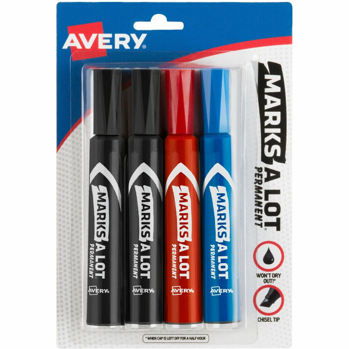 Avery® Marks A Lot Permanent Markers, Regular Desk-Style, Asstd, 4/PK - Black, Blue, Red Ink - Black, Blue, Red Barrel - Plastic, Metal, Classroom, Office, Warehouse - 4 / Pack