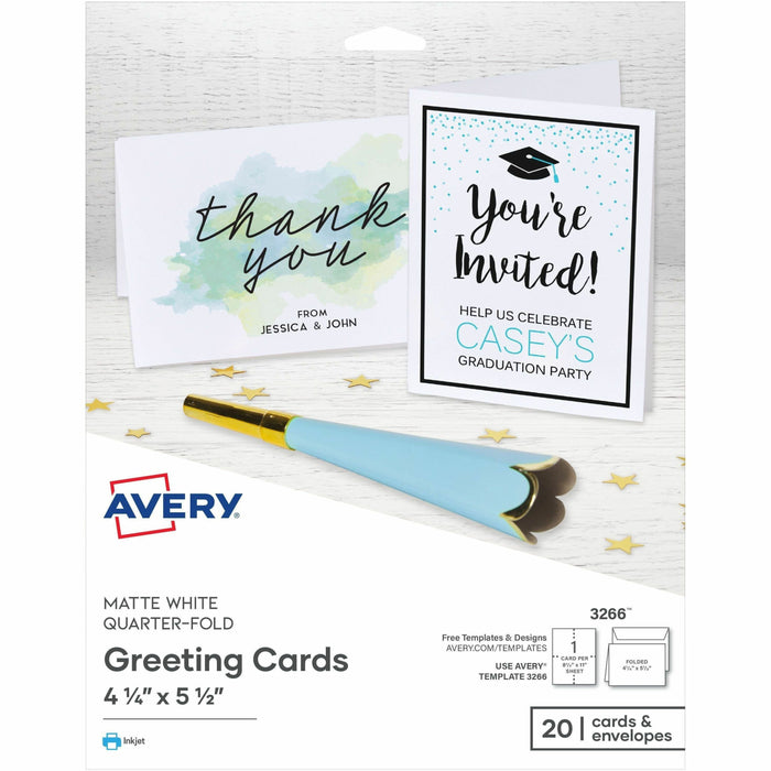 Avery® Quarter-Fold Greeting Cards & Envelopes, 4.25" x 5.5" (3266) - 97 Brightness - 4 1/4" x 5 1/2" - 80 lb Basis Weight - 216 g/m² Grammage - Matte - Pre-scored, Micro Perforated, Foldable, Smooth Edge, Double-sided - White - 20 / Pack