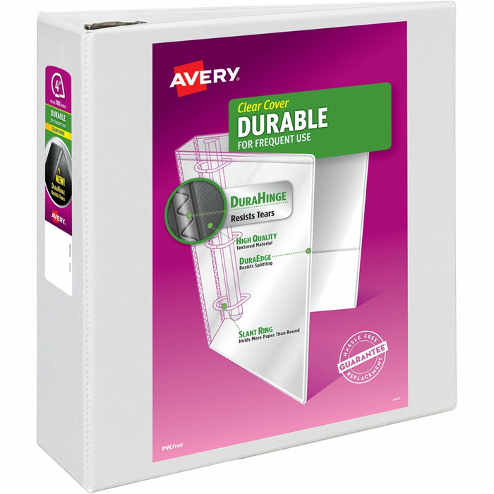 Avery® Durable View 3 Ring Binder - 4" Binder Capacity - Letter - 8 1/2" x 11" Sheet Size - 780 Sheet Capacity - 3 Ring - Fastener: D-Ring - Pocket: 4, Internal - Polypropylene - White - Recycled - Durable, Easy Insert Spine, Exposed Rivet, Gap-free Ring,