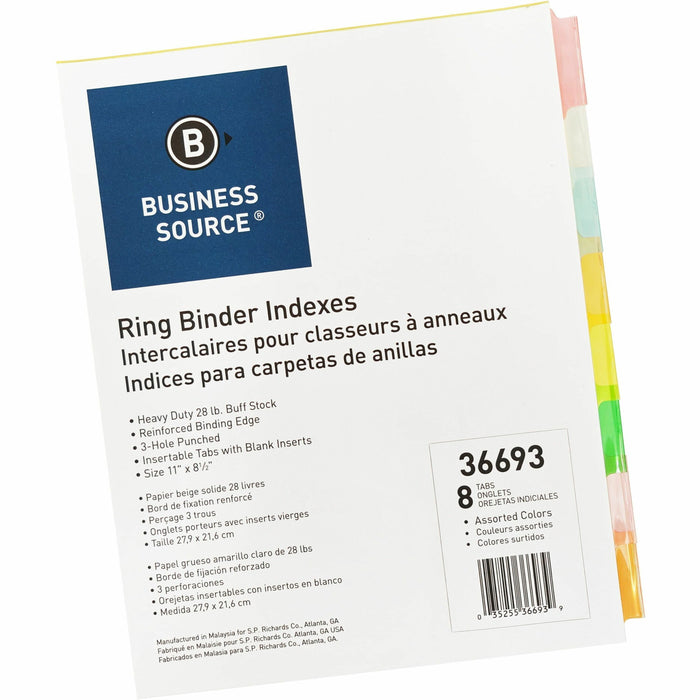 Business Source Insertable Tab Ring Binder Indexes - 8 Blank Tab(s) - 1.50" Tab Width - 8.5" Divider Width x 11" Divider Length - Letter - 3 Hole Punched - Multicolor Tab(s) - Tear Resistant, Punched, Insertable, Reinforced Edges - 1 Set
