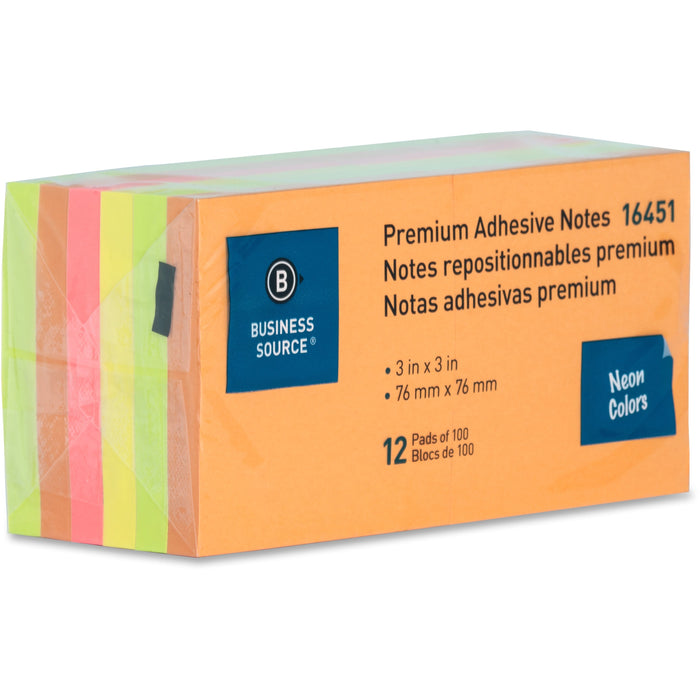 Business Source Repositionable Neon Notes - 3" Flag/Note Width x 3" Flag/Note Length - Square - Neon - Removable, Repositionable, Solvent-free Adhesive - 12 / Pack