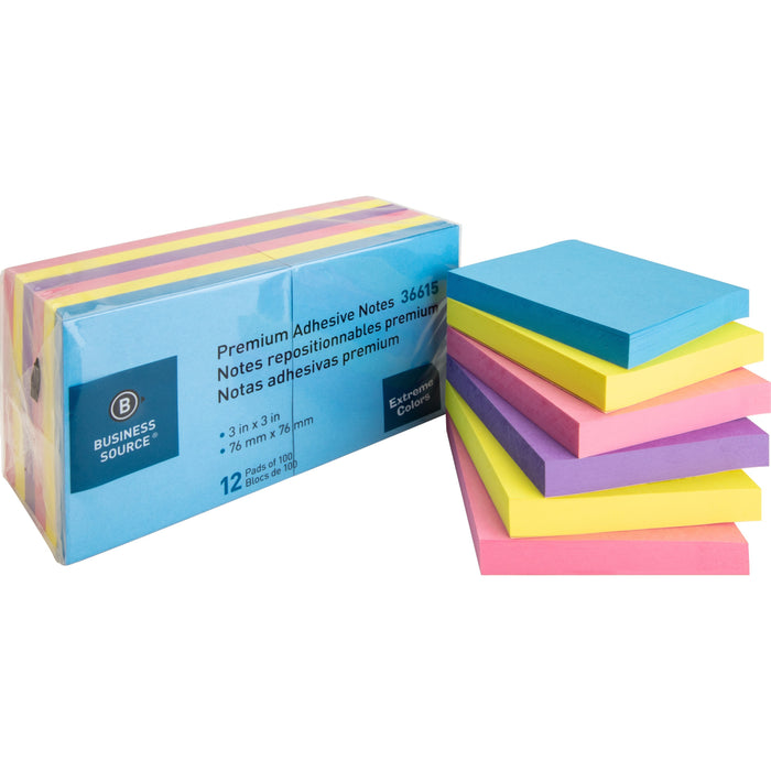 Business Source 3x3 Extreme Colors Adhesive Notes - 100 - 3" Flag/Note Width x 3" Flag/Note Length - Square - Assorted - Repositionable, Solvent-free Adhesive - 12 / Pack