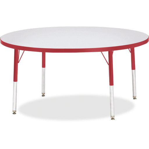 Jonti-Craft Berries Elementary Height Color Edge Round Table - Red Round Top - Four Leg Base - 4 Legs - Height Adjustable - 15" to 24" Adjustment x 1.13" Table Top Thickness x 48" Table Top Diameter - 24" Height - Art, Craft - Assembly Required - Freckled
