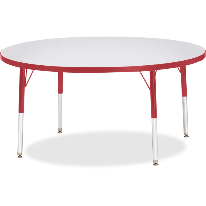 Jonti-Craft Berries Elementary Height Color Edge Round Table - Red Round Top - Four Leg Base - 4 Legs - Height Adjustable - 15" to 24" Adjustment x 1.13" Table Top Thickness x 48" Table Top Diameter - 24" Height - Art, Craft - Assembly Required - Freckled
