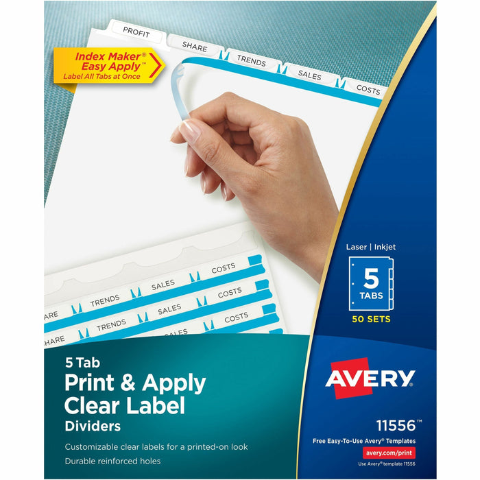 Avery® Index Maker Index Divider - 250 x Divider(s) - Print-on Tab(s) - 5 - 5 Tab(s)/Set - 8.5" Divider Width x 11" Divider Length - 3 Hole Punched - White Paper Divider - White Paper Tab(s) - Hole-punched, Printable, Customizable - 50 / Box