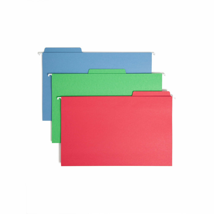 Smead FasTab 1/3 Tab Cut Legal Recycled Hanging Folder - 8 1/2" x 14" - Top Tab Location - Assorted Tab Position - 11 pt. - 2 Plys - Red, Green, Blue - Reinforced Tab, Heavy Duty, Embossed - 10% Recycled - 18 / Box