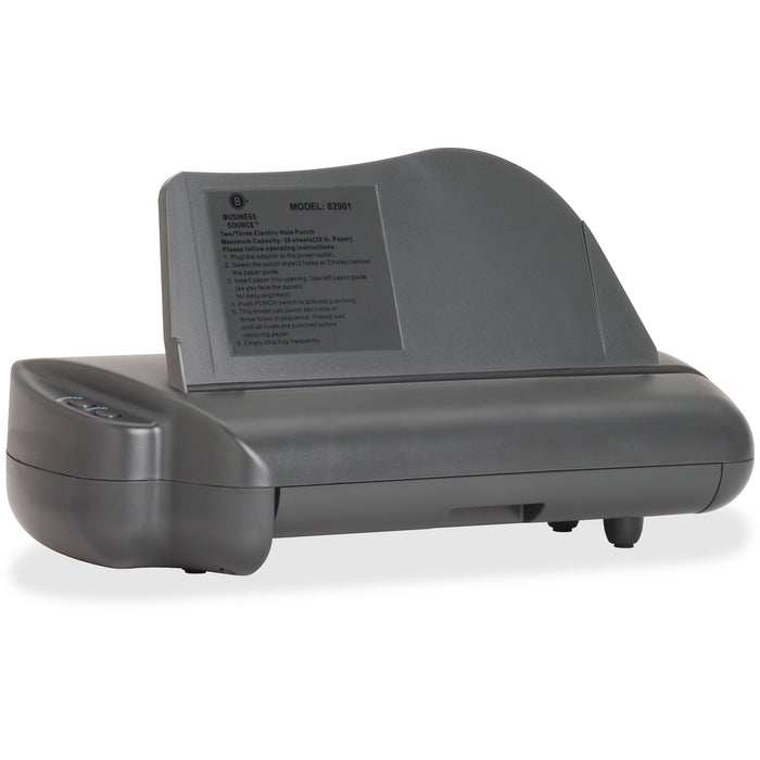 Business Source Electric Adjustable 3-hole Punch - 3 Punch Head(s) - 30 Sheet of 20lb Paper - 1/4" Punch Size - 17.8" Width x 5.3" Depth x 8.3" Height - Gray
