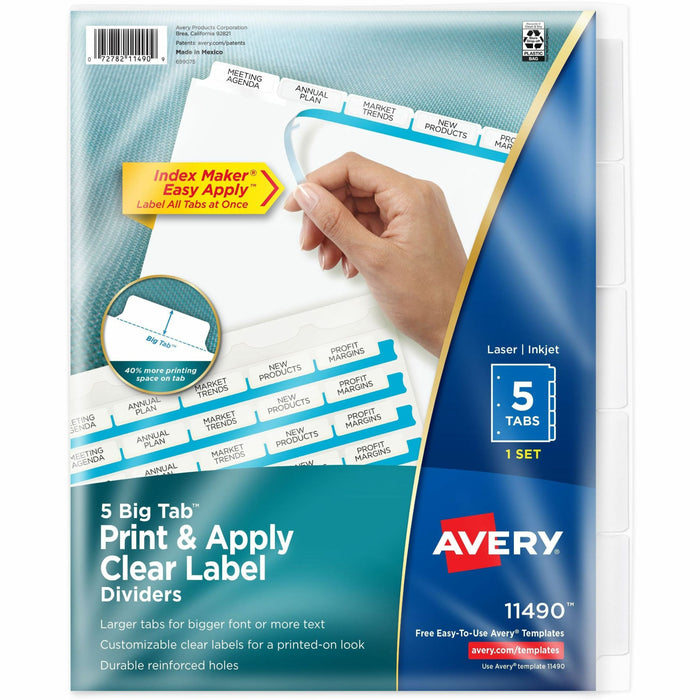 Avery® Big Tab Index Maker Index Divider - 5 x Divider(s) - Print-on Tab(s) - 5 - 5 Tab(s)/Set - 8.5" Divider Width x 11" Divider Length - 3 Hole Punched - White Paper Divider - White Paper Tab(s) - 0% - Printable, Hole-punched, Durable, Double-sided, Rei