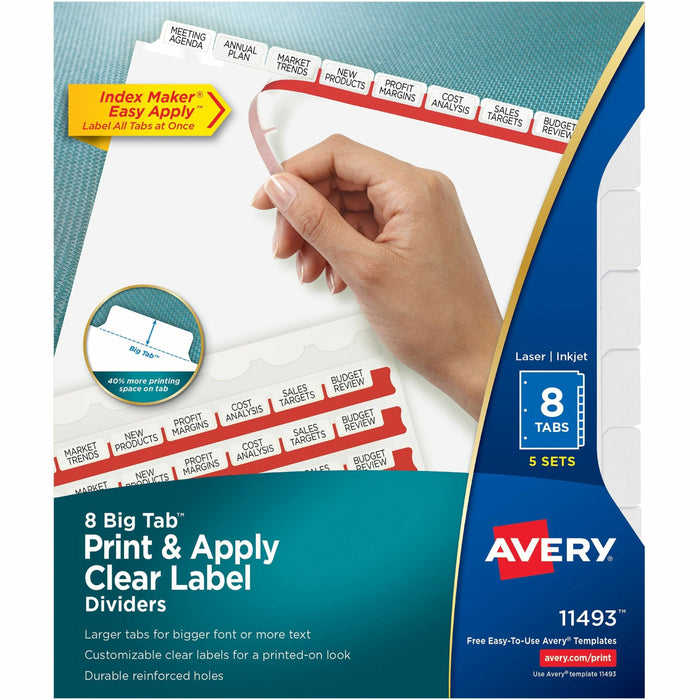 Avery® Big Tab Clear Label Index Maker Dividers - 40 x Divider(s) - Print-on Tab(s) - 8 - 8 Tab(s)/Set - 8.5" Divider Width x 11" Divider Length - Letter - 8.50" Width x 11" Length - 3 Hole Punched - White Paper Divider - White Paper Tab(s) - 0% - Double-