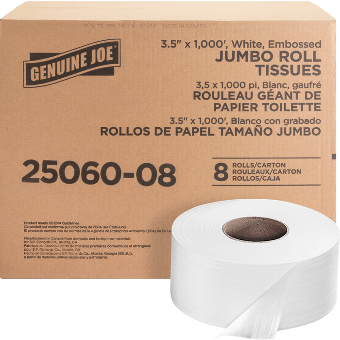 Genuine Joe Jumbo Dispenser Roll Bath Tissue - 2 Ply - 3.50" Width x 1000 ft Length - 9" Roll Diameter - 3 19/64" Core - White - 8 / Carton