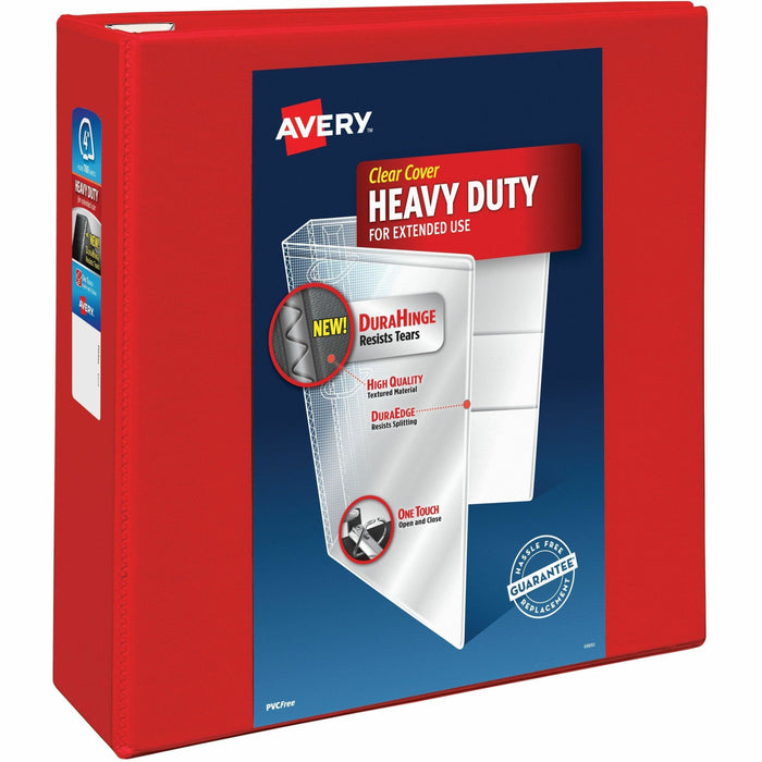 Avery® Heavy-Duty View Binders with One Touch EZD Rings - 4" Binder Capacity - Letter - 8 1/2" x 11" Sheet Size - 780 Sheet Capacity - 780 x 4" Ring - Fastener: Ring - Pocket: 4, Internal - Polypropylene - Red - Recycled - Adhesive, Clear Overlay, Heavy D