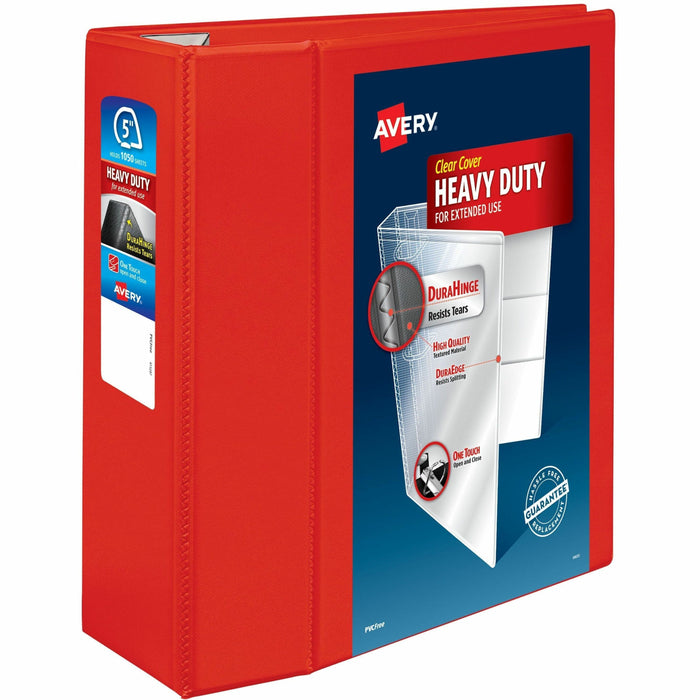 Avery® Heavy-Duty View Binders with One Touch EZD Rings - 5" Binder Capacity - Letter - 8 1/2" x 11" Sheet Size - 1050 Sheet Capacity - 1050 x 5" Ring - Fastener: Ring - Pocket: 4, Internal - Polypropylene - Red - Recycled - Adhesive, Clear Overlay, Heavy
