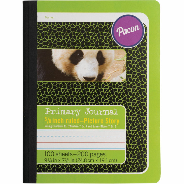 Pacon Primary Journal Composition Books - 100 Sheets - 0.63" Ruled - 4.50" Picture Story Space - 7 1/2" x 9 3/4" Sheet Size - White Paper - Green Cover - 1 Each