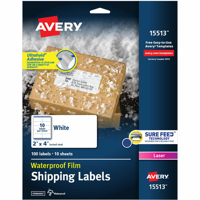 Avery® 2" x 4" Labels, Ultrahold, 100 Labels (15513) - Waterproof - 2" Width x 4" Length - Permanent Adhesive - Rectangle - Laser - Matte - White - Film - 10 / Sheet - 10 Total Sheets - 100 Total Label(s) - 100 Labels/Pack - 1 Carton