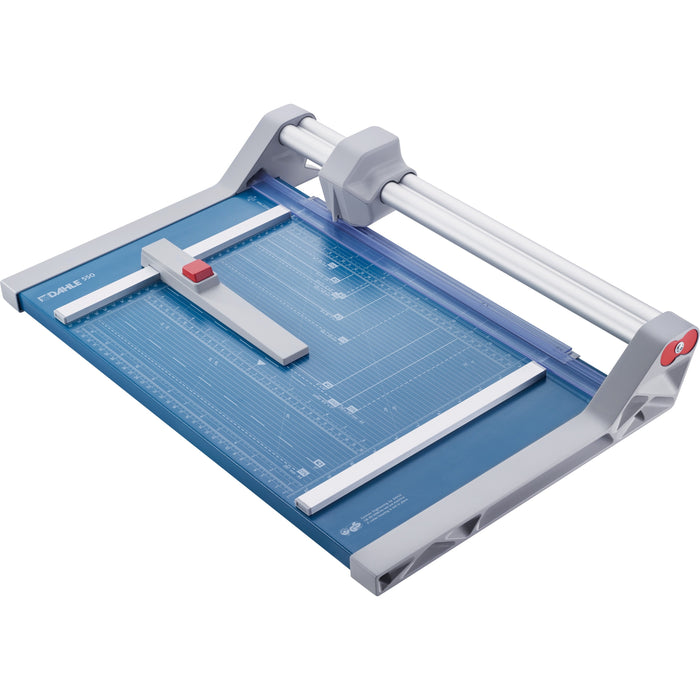 Dahle 550 Professional Rotary Trimmer - 20 Sheet Cutting Capacity - 14" Cutting Length - 3.4" Height x 15.1" Depth x 22.9" Length - Automatic Clamp, Self-sharpening Blade, Automatic Paper Clamp, Adjustable Alignment Guide, Metal Base, Screened Guide, Non-