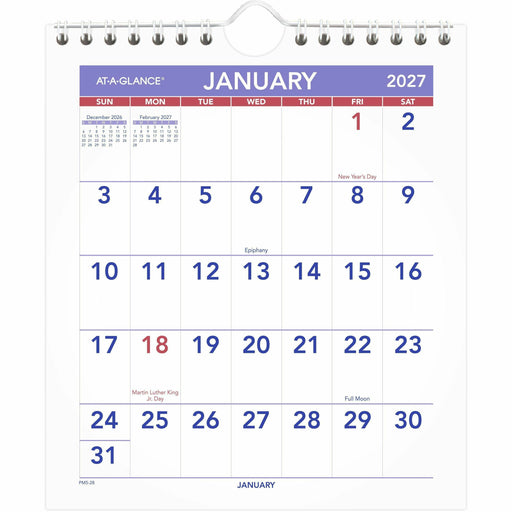 At-A-Glance Wall Calendar - Small - Julian Dates - Monthly - 12 Month - January 2027 to December 2027 - 1 Month Single Page Layout - 6 1/2" x 7 1/2" Sheet Size - White Sheet - Wire Bound - Desk - White - Paper - 1 Each