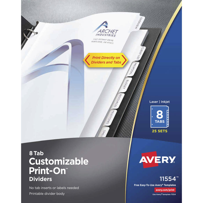 Avery® Customizable Print-On Dividers - 200 x Divider(s) - 8 Print-on Tab(s) - 8 - 8 Tab(s)/Set - 8.5" Divider Width x 11" Divider Length - 3 Hole Punched - White Paper Divider - White Paper Tab(s) - 20% Recycled - Hole-punched, Printable, Customizable -