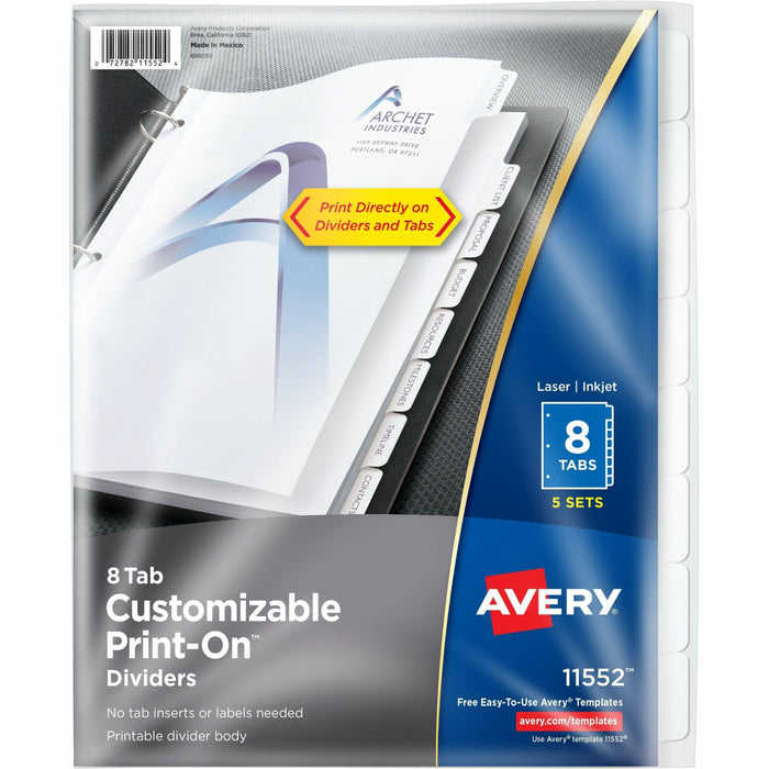 Avery® Customizable Print-On Dividers - 40 x Divider(s) - Print-on Tab(s) - 8 - 8 Tab(s)/Set - 8.5" Divider Width x 11" Divider Length - 3 Hole Punched - White Paper Divider - White Paper Tab(s) - 20% Recycled - Hole-punched, Printable, Customizable, PVC-