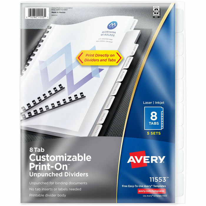 Avery® Unpunched Print-On Dividers - 40 x Divider(s) - Print-on Tab(s) - 8 - 8 Tab(s)/Set - 8.5" Divider Width x 11" Divider Length - White Paper Divider - White Paper Tab(s) - 20% Recycled - Unpunched, Printable, PVC-free, Chlorine-free, Customizable - 5