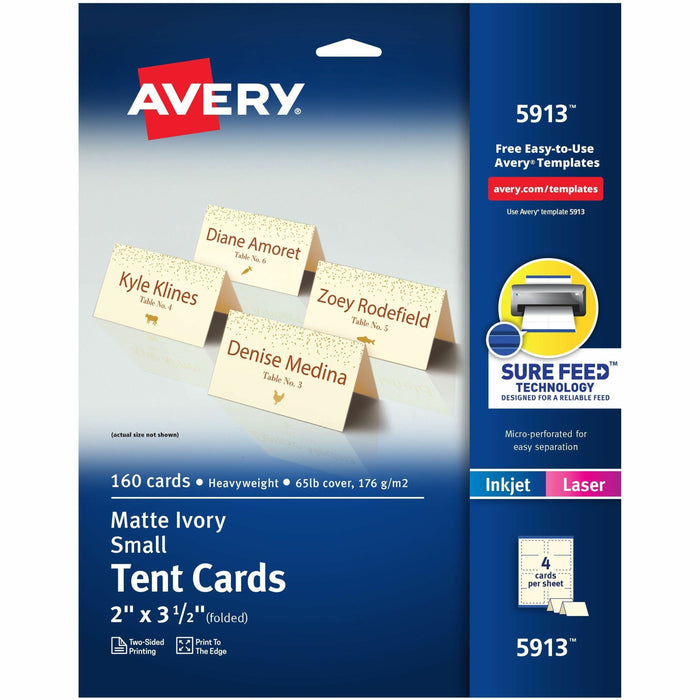 Avery® Sure Feed Tent Cards - 79 Brightness - Letter - 8 1/2" x 11" - 65 lb Basis Weight - 176 g/m² Grammage - Matte - Heavyweight, Durable, Repositionable, Rounded Corner, Uncoated, Micro Perforated, Smooth Edge, Jam-free, Print-to-the-edge, Printable, F
