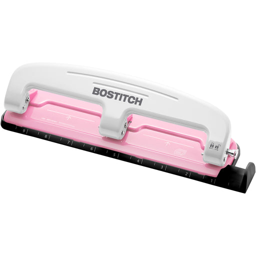 Bostitch EZ Squeeze™ InCourage 12 Three-Hole Punch - 3 Punch Head(s) - 12 Sheet - 9/32" Punch Size - Round Shape - 3" Width x 1.6" Height - Pink, White