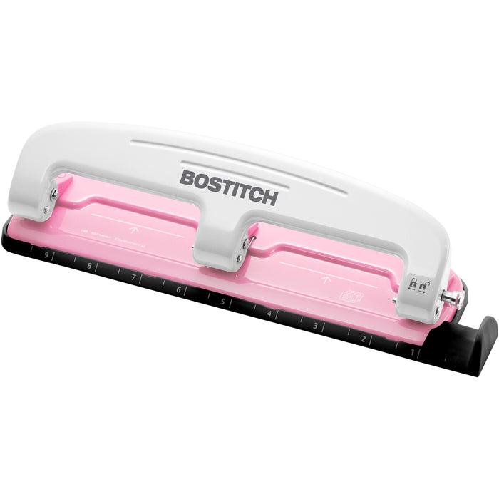 Bostitch EZ Squeeze™ InCourage 12 Three-Hole Punch - 3 Punch Head(s) - 12 Sheet - 9/32" Punch Size - Round Shape - 3" Width x 1.6" Height - Pink, White