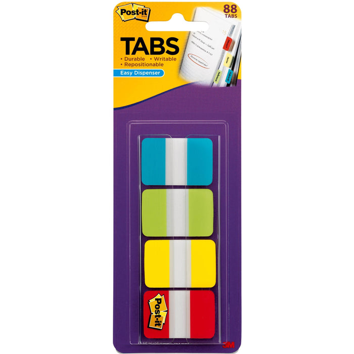 Post-it® Tabs in On-the-Go Dispenser - 88 Write-on Tab(s) - 1.50" Tab Height x 1" Tab Width - Blue, Green, Yellow, Red Tab(s) - Repositionable - 1 Pack