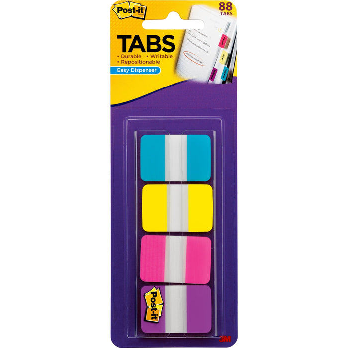 Post-it® Tabs - 88 Write-on Tab(s) - 1.50" Tab Height x 1" Tab Width - Blue, Yellow, Pink, Purple Tab(s) - Repositionable - 1 Pack