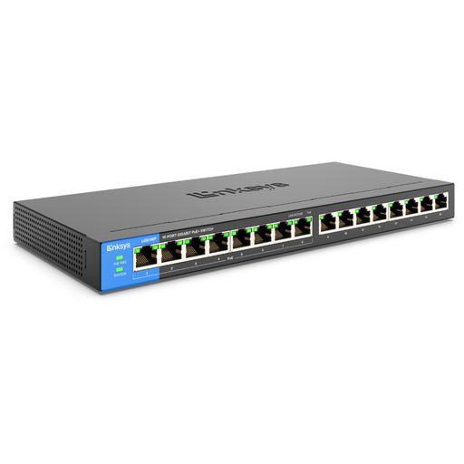 Linksys Ethernet Switch - 16 Ports - Gigabit Ethernet - 10/100/1000Base-T - 2 Layer Supported - 13.41 W Power Consumption - 80 W PoE Budget - Twisted Pair - PoE Ports - Black - Wall Mountable, Desktop