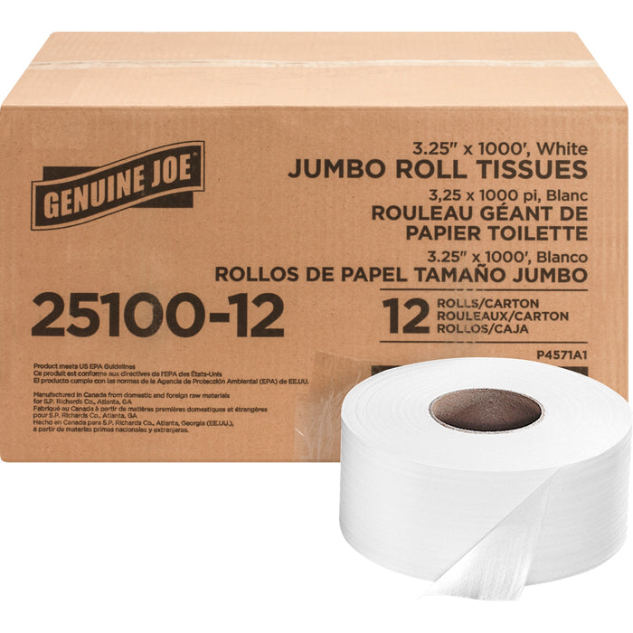 Genuine Joe Jumbo Roll Bath Tissues - 2 Ply - 3.25" Width x 1000 ft Length - 9" Roll Diameter - 3 19/64" Core - White - 12 / Carton