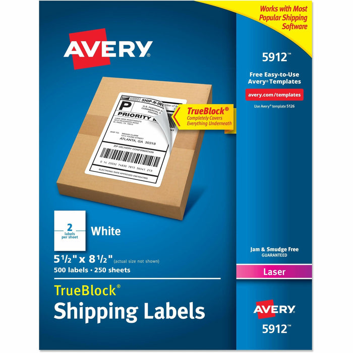 Avery® TrueBlock Shipping Label - 5 1/2" Width x 8 1/2" Length - Permanent Adhesive - Rectangle - Laser - Matte - White - Paper - 2 / Sheet - 250 Total Sheets - 500 Total Label(s) - 500 / Box