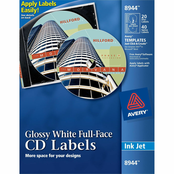 Avery® Optical Disc Label - Permanent Adhesive - Inkjet, Laser - Glossy - Glossy White - Paper - 2 / Sheet - 10 Total Sheets - 20 Total Label(s) - 20 / Pack