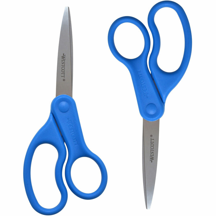 Westcott 8" All Purpose Preferred Straight Scissors - 3.50" Cutting Length - 8" Overall Length - Straight-left/right - Stainless Steel - Pointed Tip - Blue - 2 / Pack