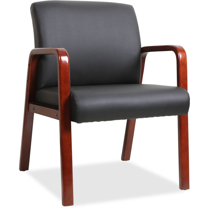 Lorell Upholstered Guest Chair - Black Seat Color - Bonded Leather Seat Material - Black Back Color - Bonded Leather Back Material - Mahogany Frame Color - Solid Wood Frame Material - Four-legged Base - Armrest - 1 Each
